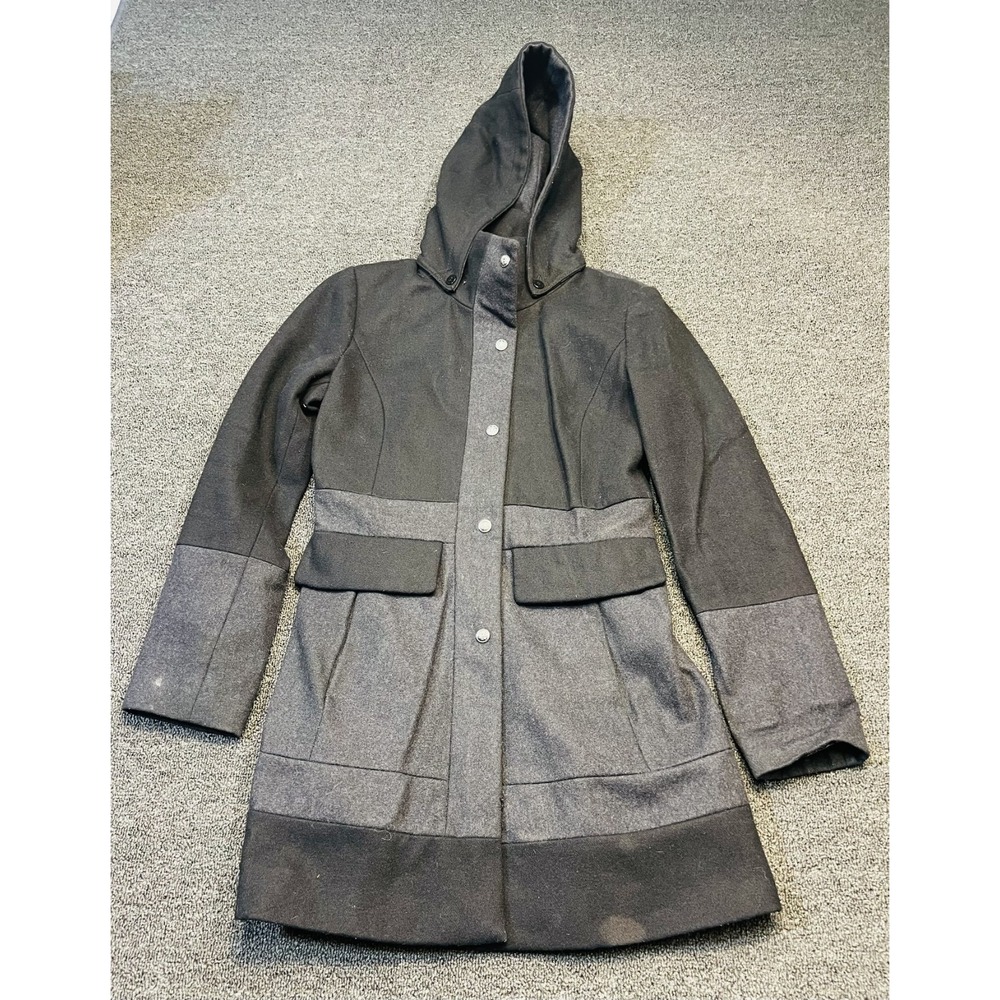 Guess Los Angeles Coat Womens Small Black Gray Wool Hooded Full Zip Winter